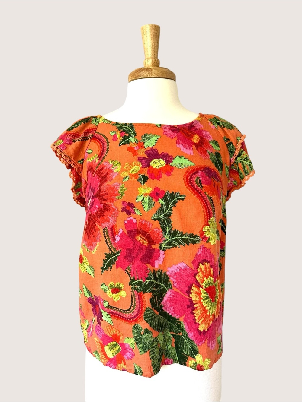 Cynthia Rowley Floral Linen Blend Flutter Sleeve Top – Size S